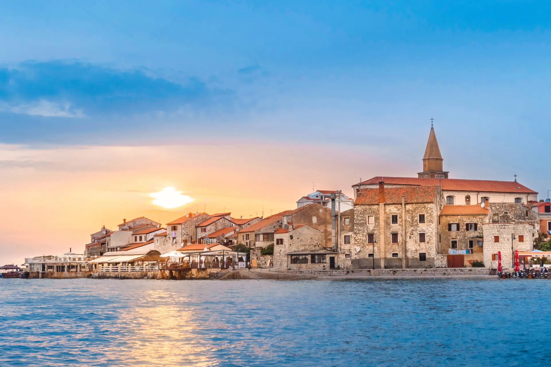 Sunset view over the waterfront of Umag, Croatia