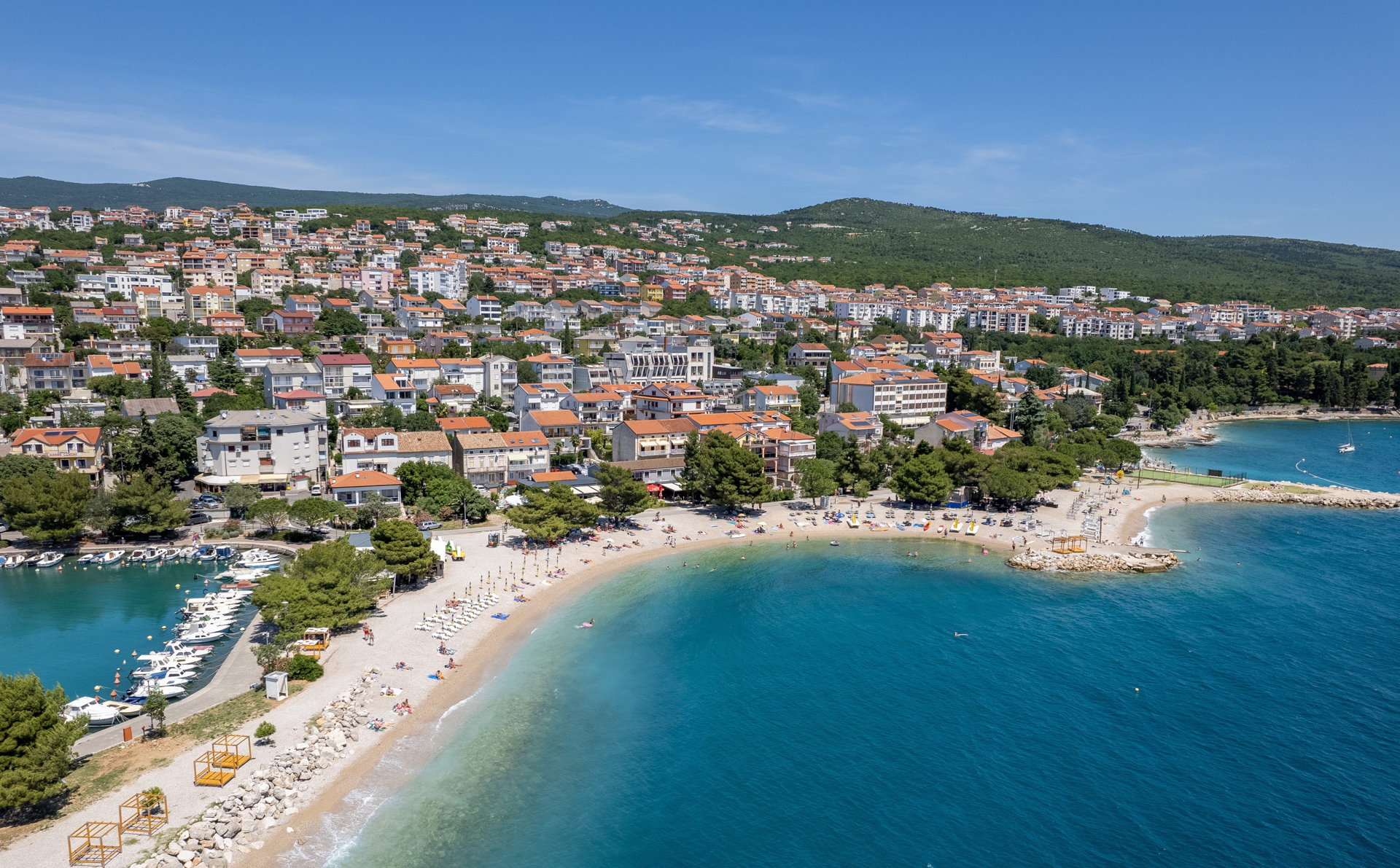 Aerial view of a coastal town in Kvarner, Croatia